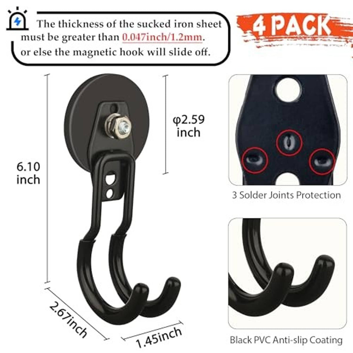 Black medium magnetic hook with round magnet back and double hanging hook for garage use