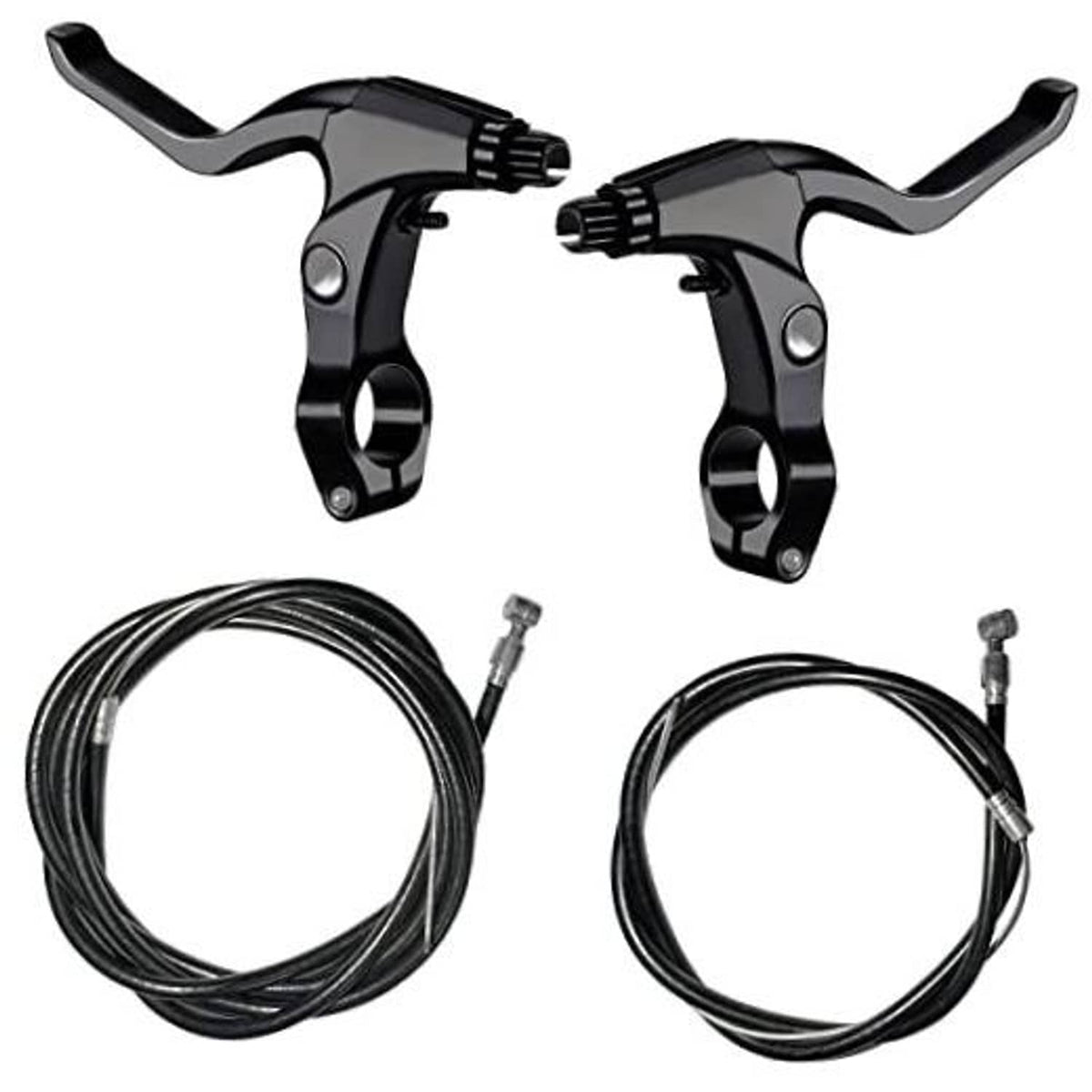 Bicycle brake lever set with black alloy levers and two brake cables, 2-pack