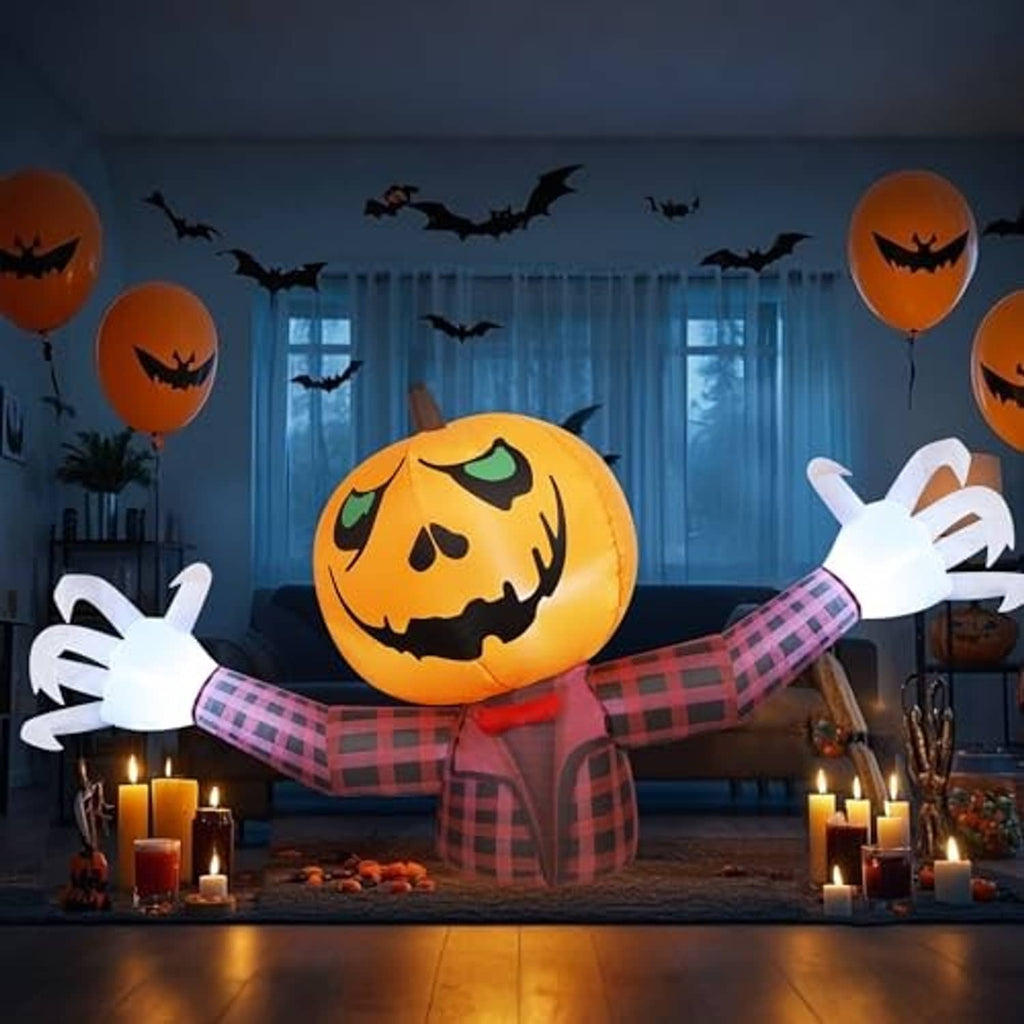 Inflatable pumpkin ghost decoration, orange face with jack-o-lantern features, plaid outfit