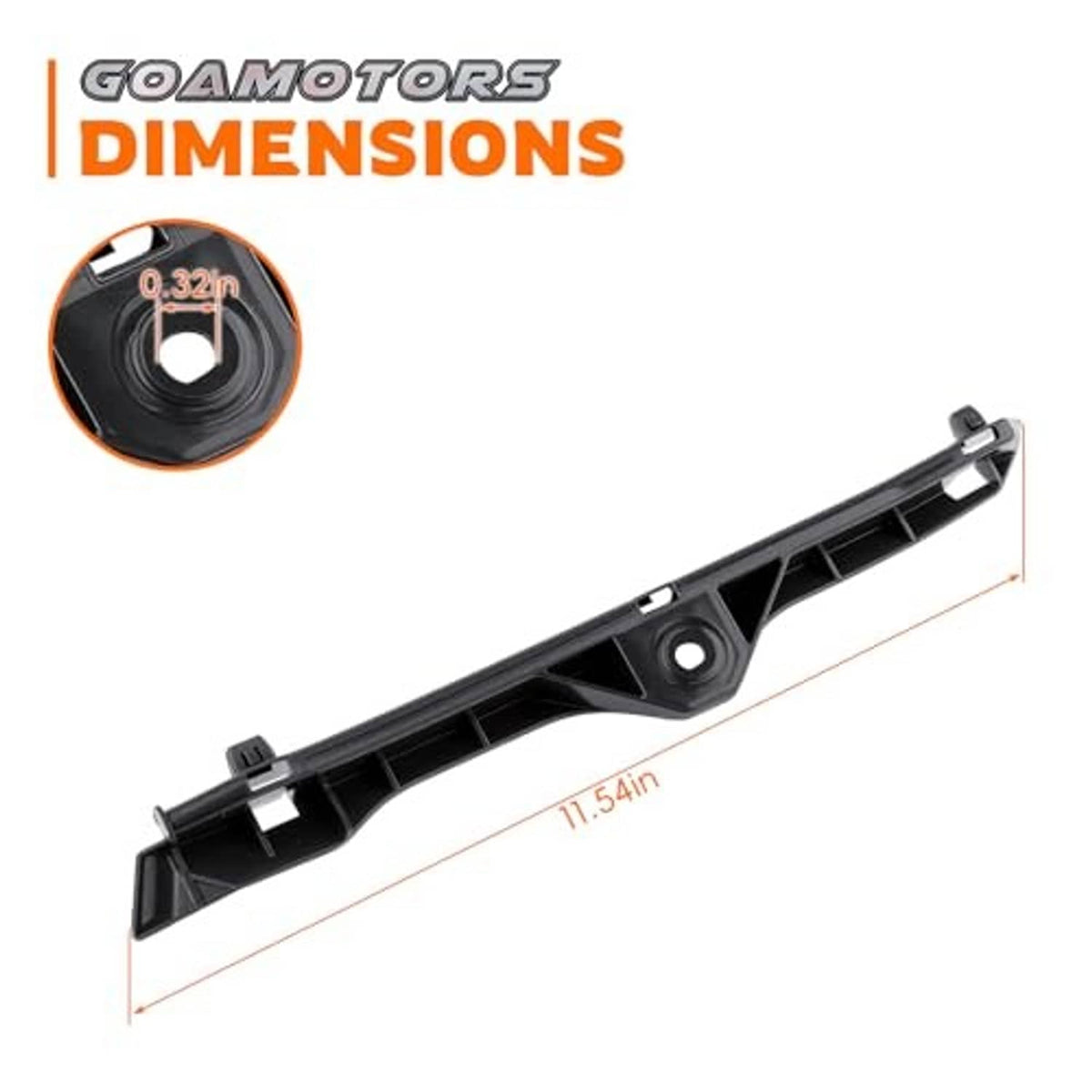 Front bumper retainer bracket, black plastic with mounting hole and side tabs