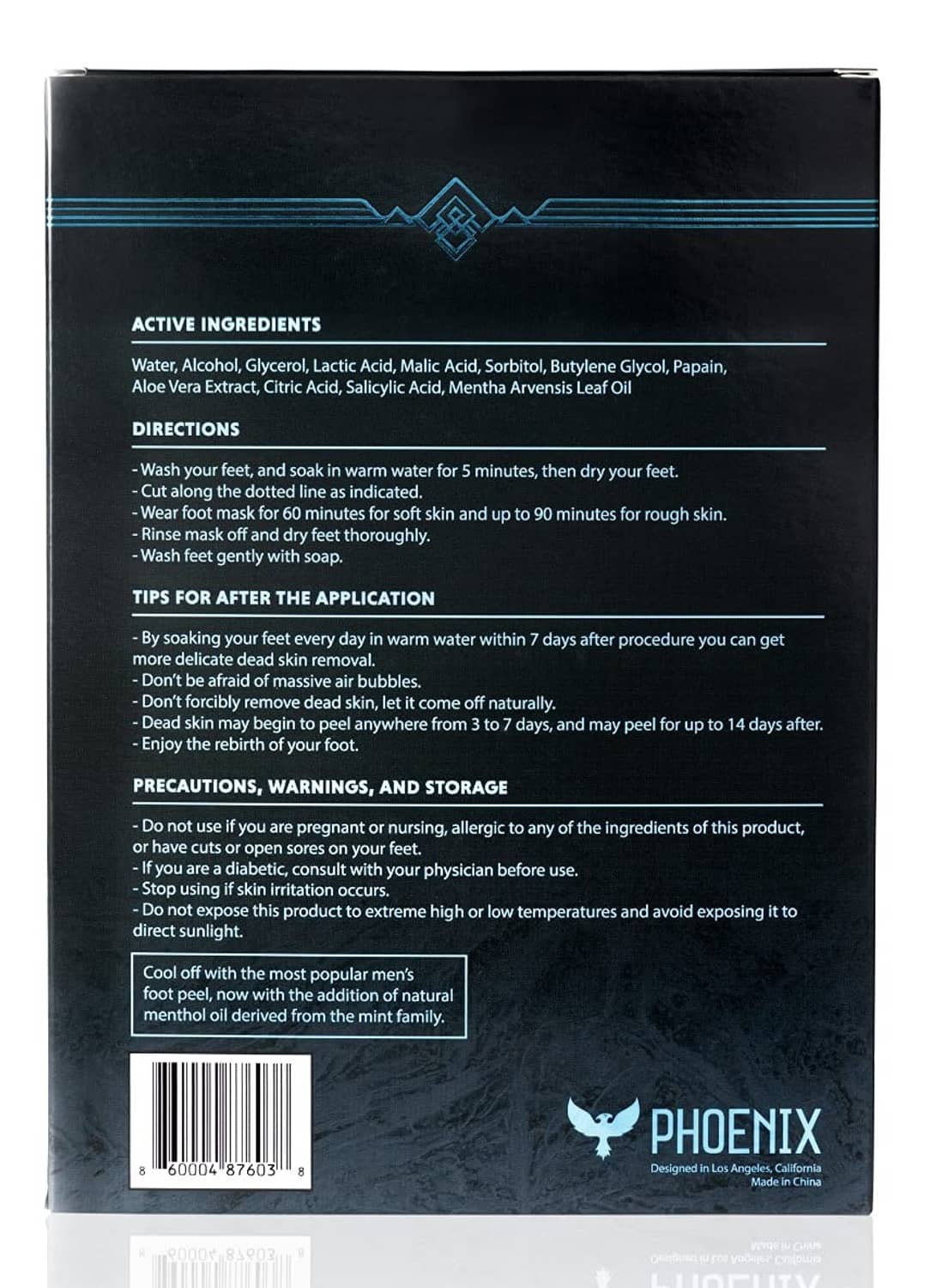 Men's extra-large foot peel mask box back with ingredients and directions