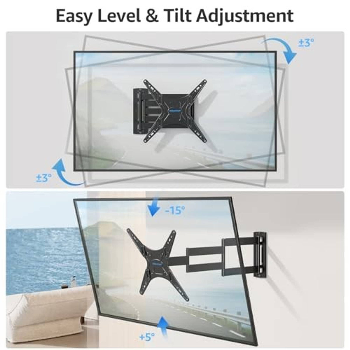 Long-arm TV wall mount with tilt adjustment for angled TV viewing