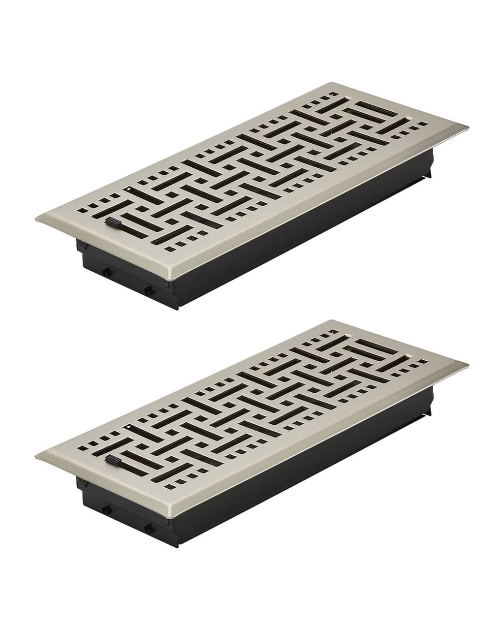 Nickel-plated iron floor register vent with geometric grille openings and black damper base