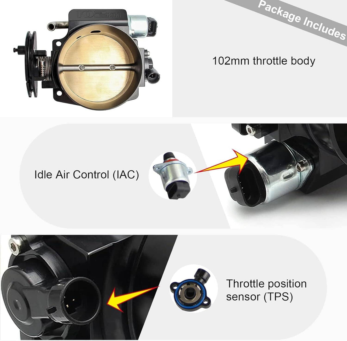 Throttle body with idle air control and throttle position sensor fittings, black housing