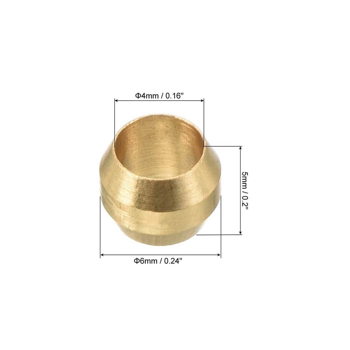 4mm brass compression sleeve ferrule with open end, gold tone; size shown