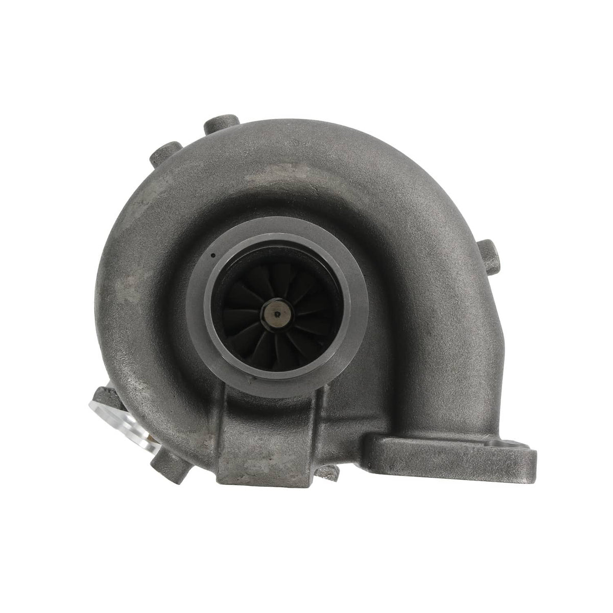 Turbocharger turbine housing with central wheel visible through inlet