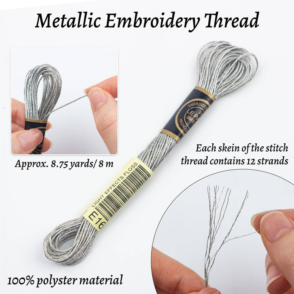 Metallic silver embroidery thread skein with strand ends and label