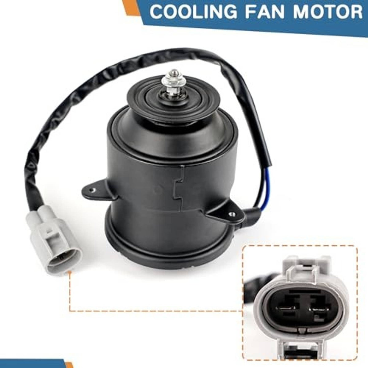 Radiator cooling fan motor with black housing, front mount, and gray electrical connector