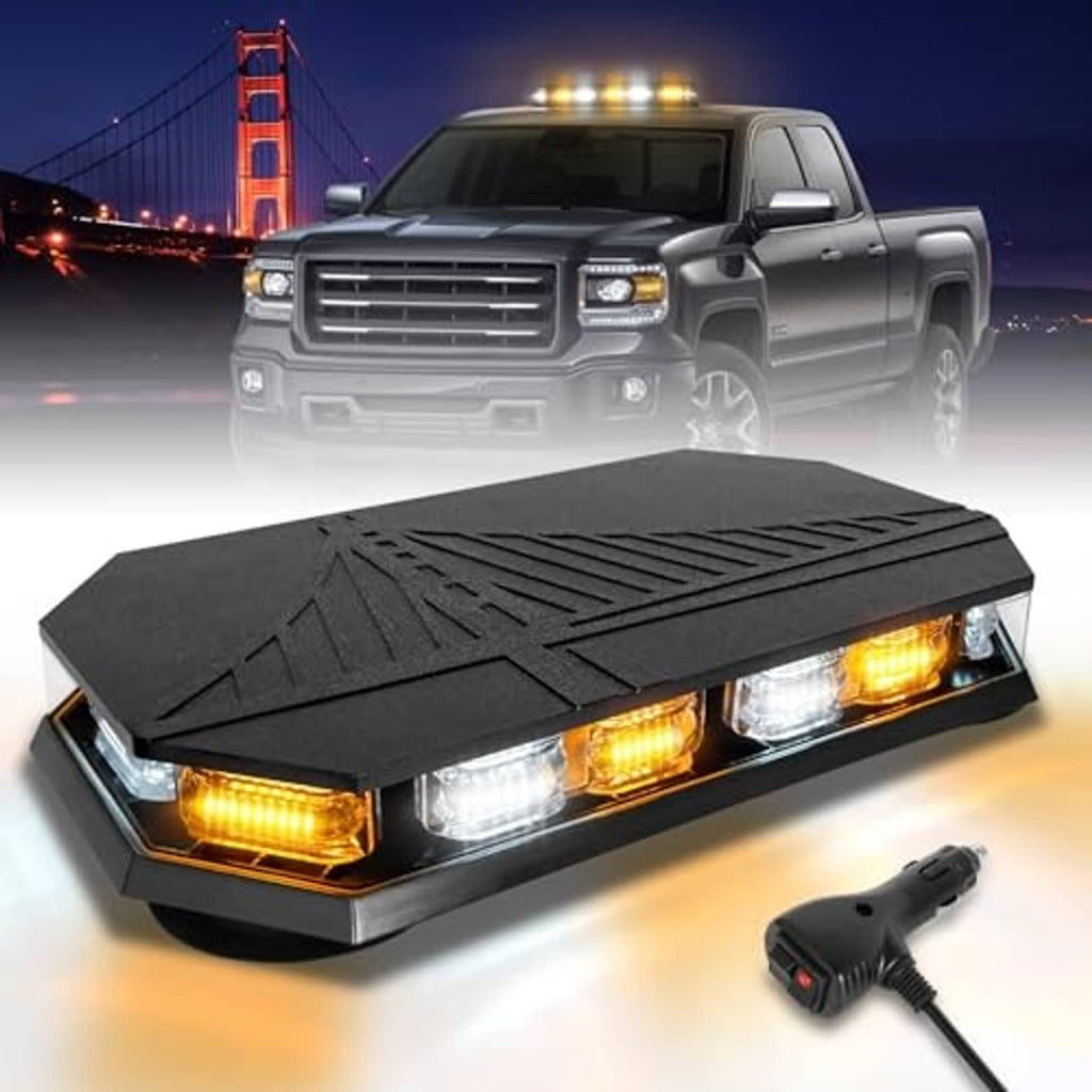 Amber and white LED rooftop emergency strobe light bar, black housing, side view