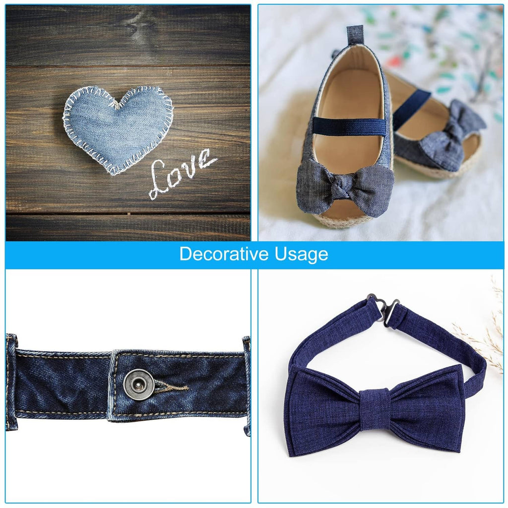 Dark blue denim ribbon used for a bow and belt trim, stitched edging