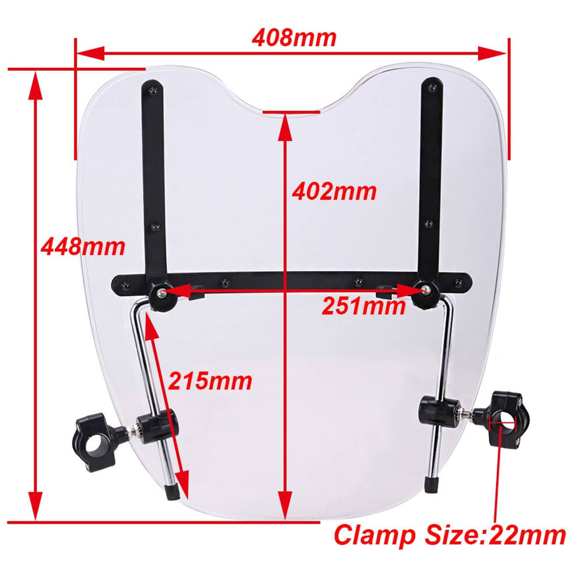 White windshield with black mounting brackets, size diagram with measurement lines.