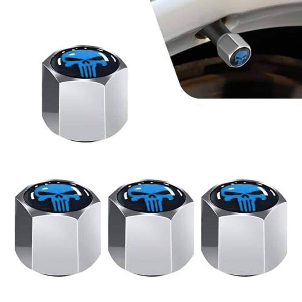 Set of four silver tire valve caps with blue skull emblem