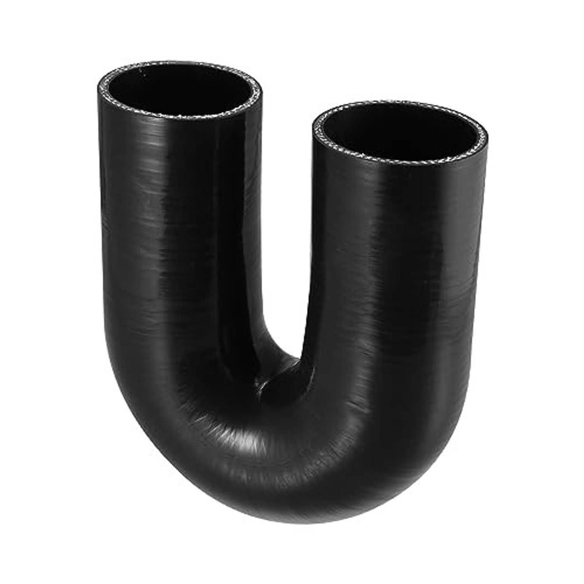 Black U-shaped 180-degree silicone hose coupler with two open ends.