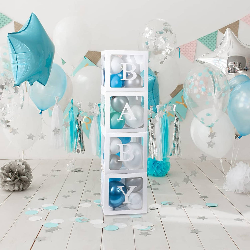 White 4-cube clear balloon display box with blue balloon letters in window panels