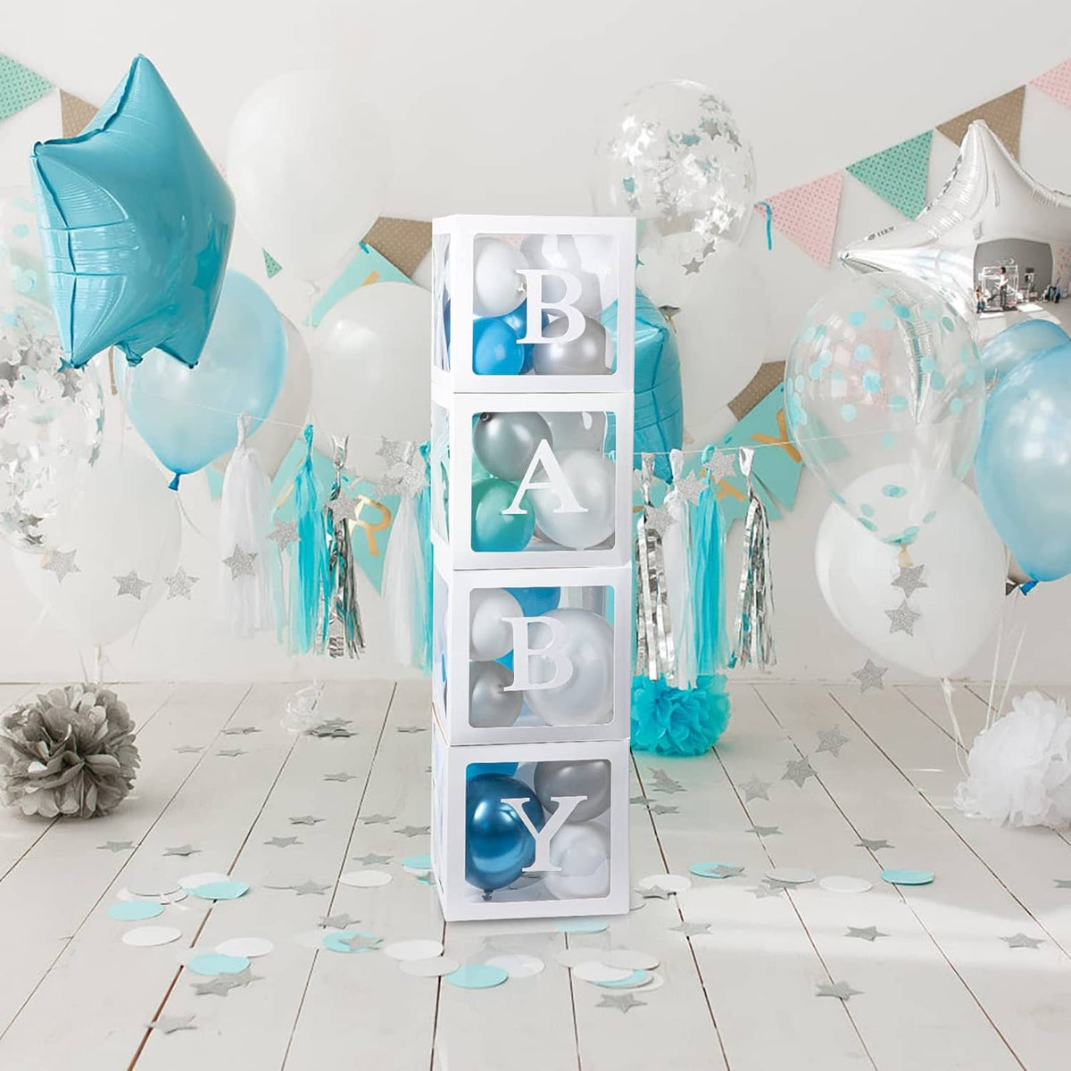White 4-cube clear balloon display box with blue balloon letters in window panels