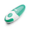 Teal and white electric can opener with oval grip and cutting head