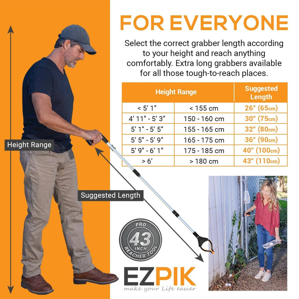 Foldable grabber reacher tool with 43-inch shaft and orange anti-slip jaw tips