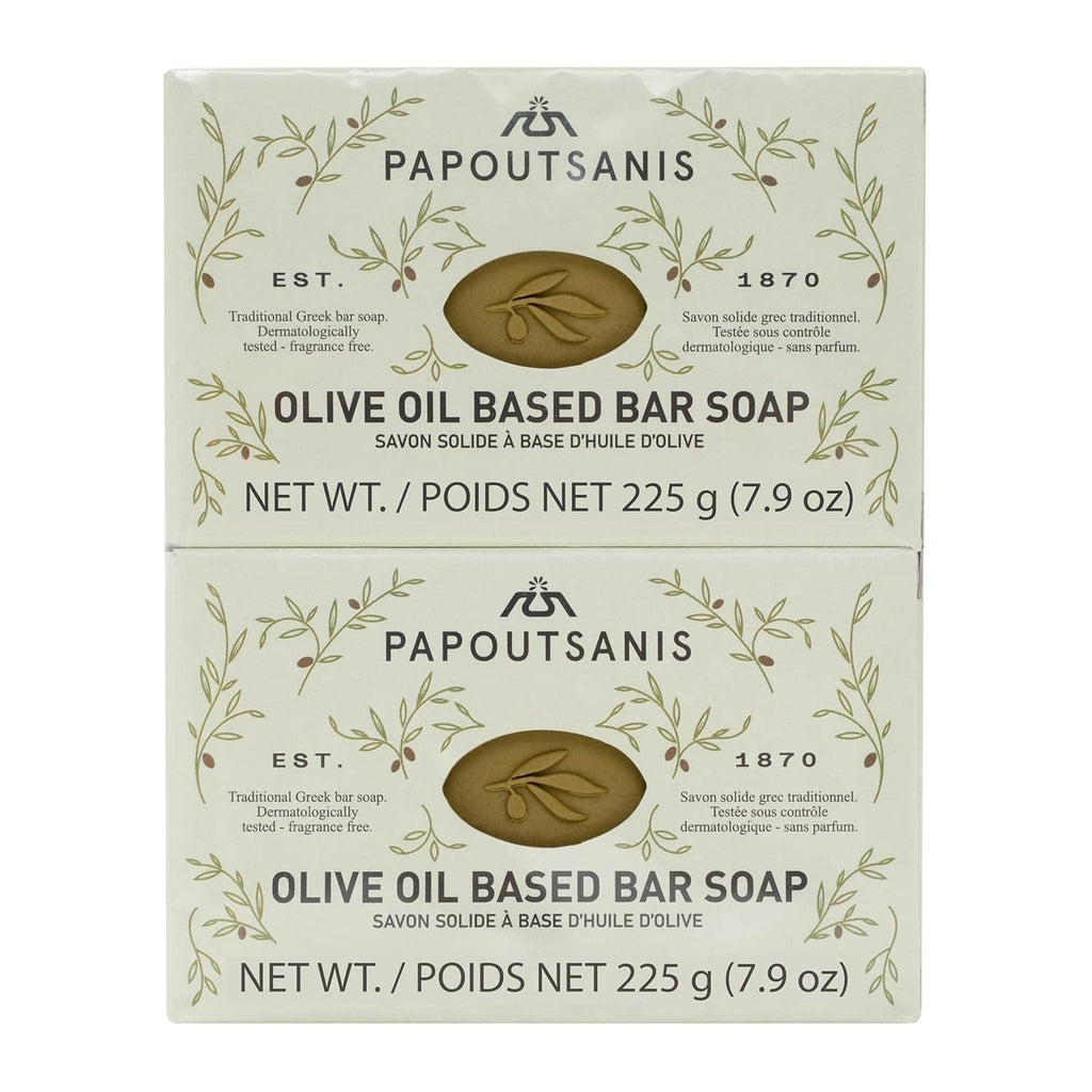 Olive oil based bar soap carton with Papoutsanis label and olive icon