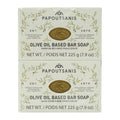 Olive oil based bar soap carton with Papoutsanis label and olive icon