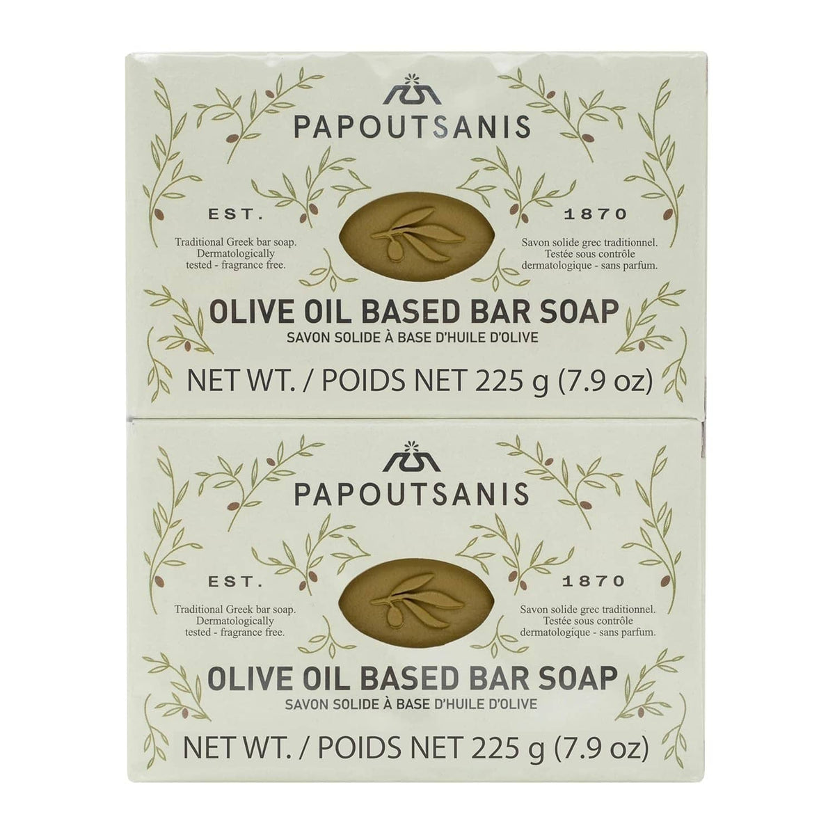Olive oil based bar soap carton with Papoutsanis label and olive icon