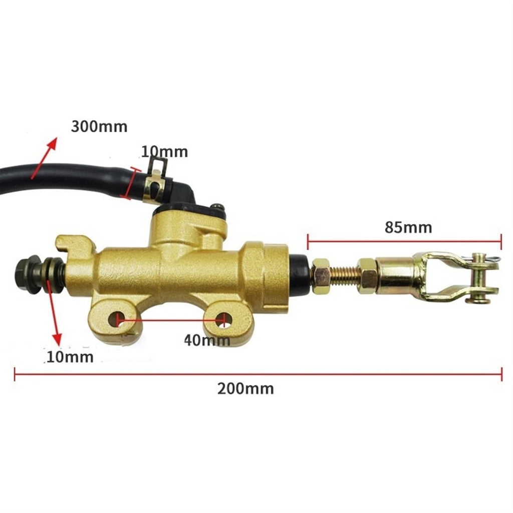 Rear brake master cylinder pump dimension view with mounting hardware and brake line
