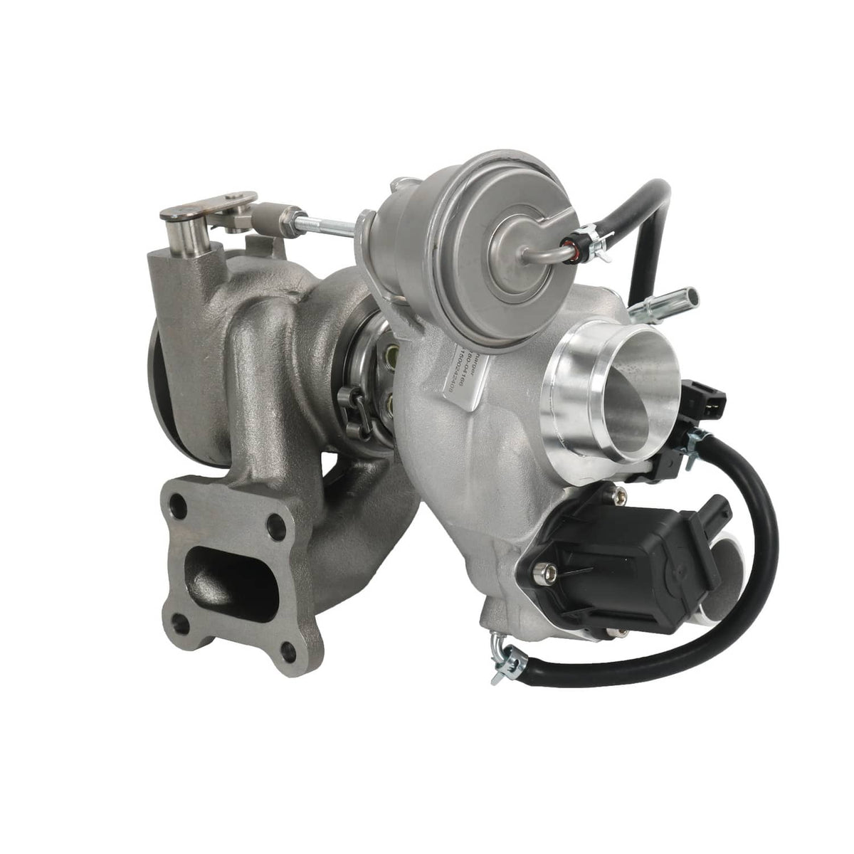 Turbocharger assembly with silver compressor housing, black actuator, and mounting flange