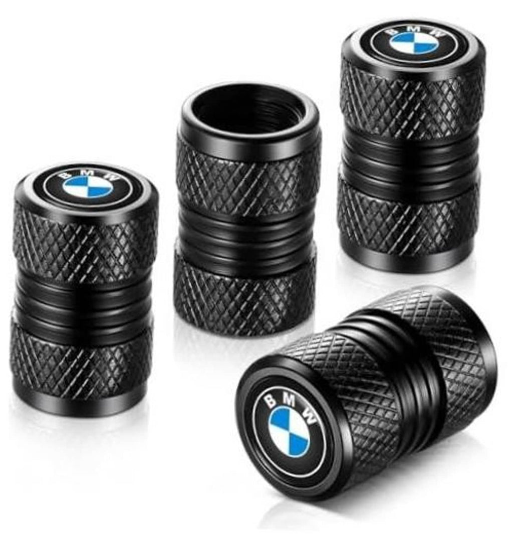 Black textured tire valve stem caps with BMW logo, cylindrical set of 3