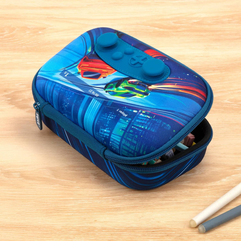 Blue zipper pencil case with controller buttons and colorful racing car graphic on top.