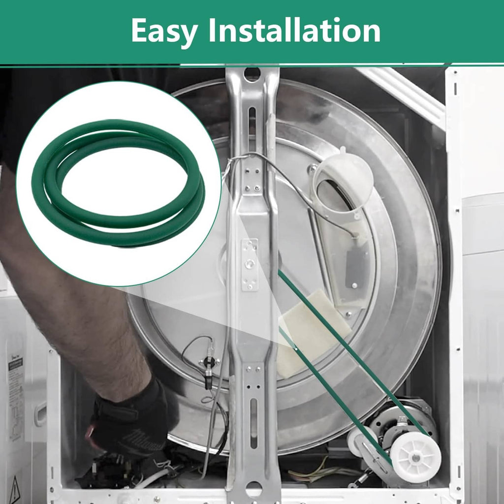 Green dryer blower fan belt routed inside compact dryer blower housing