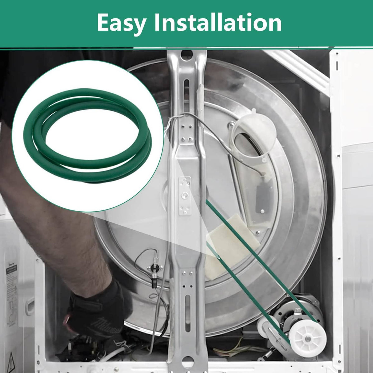 Green dryer blower fan belt routed inside compact dryer blower housing
