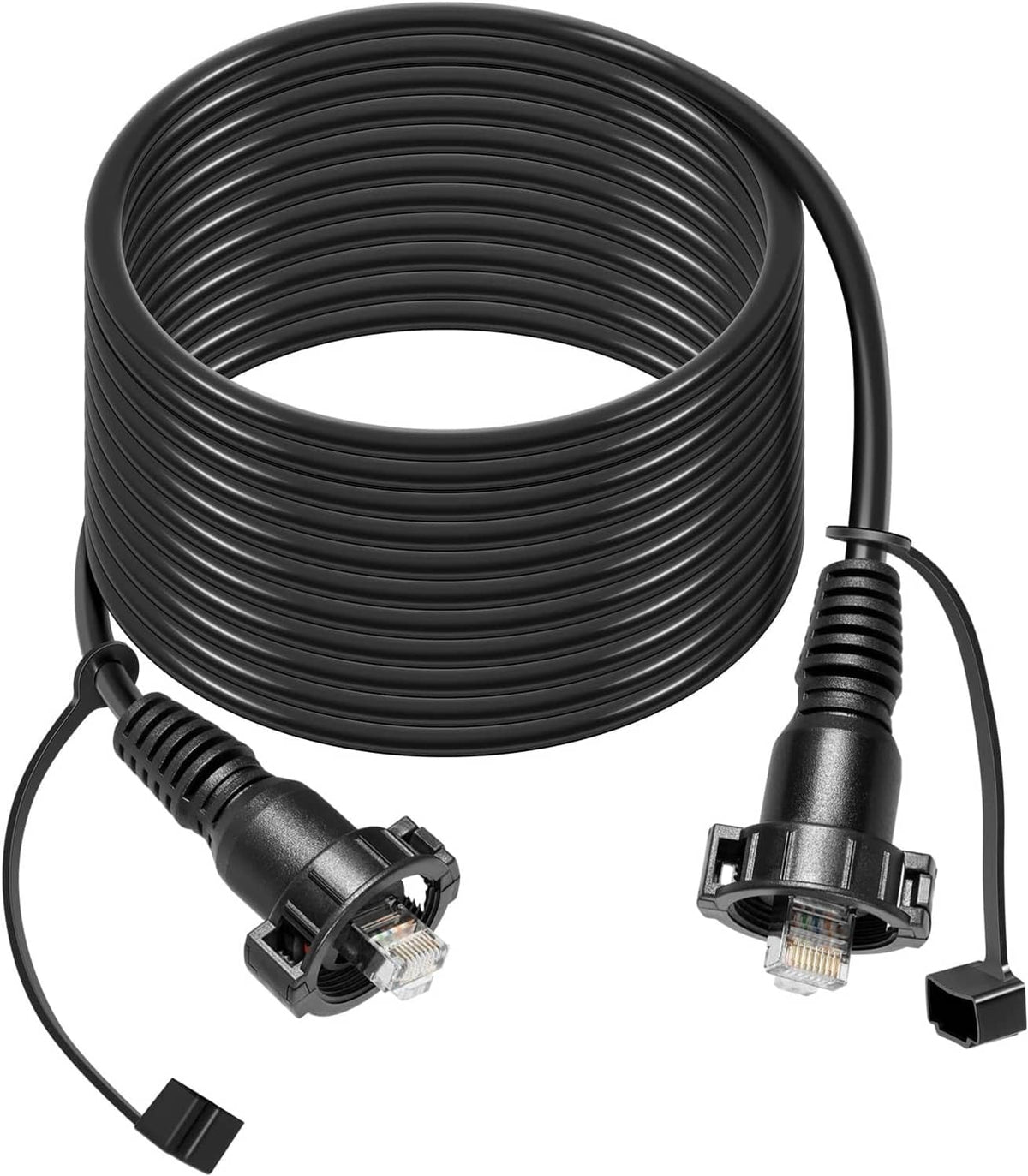 Black marine RJ45 Ethernet cable with RJ45 male connectors on both ends