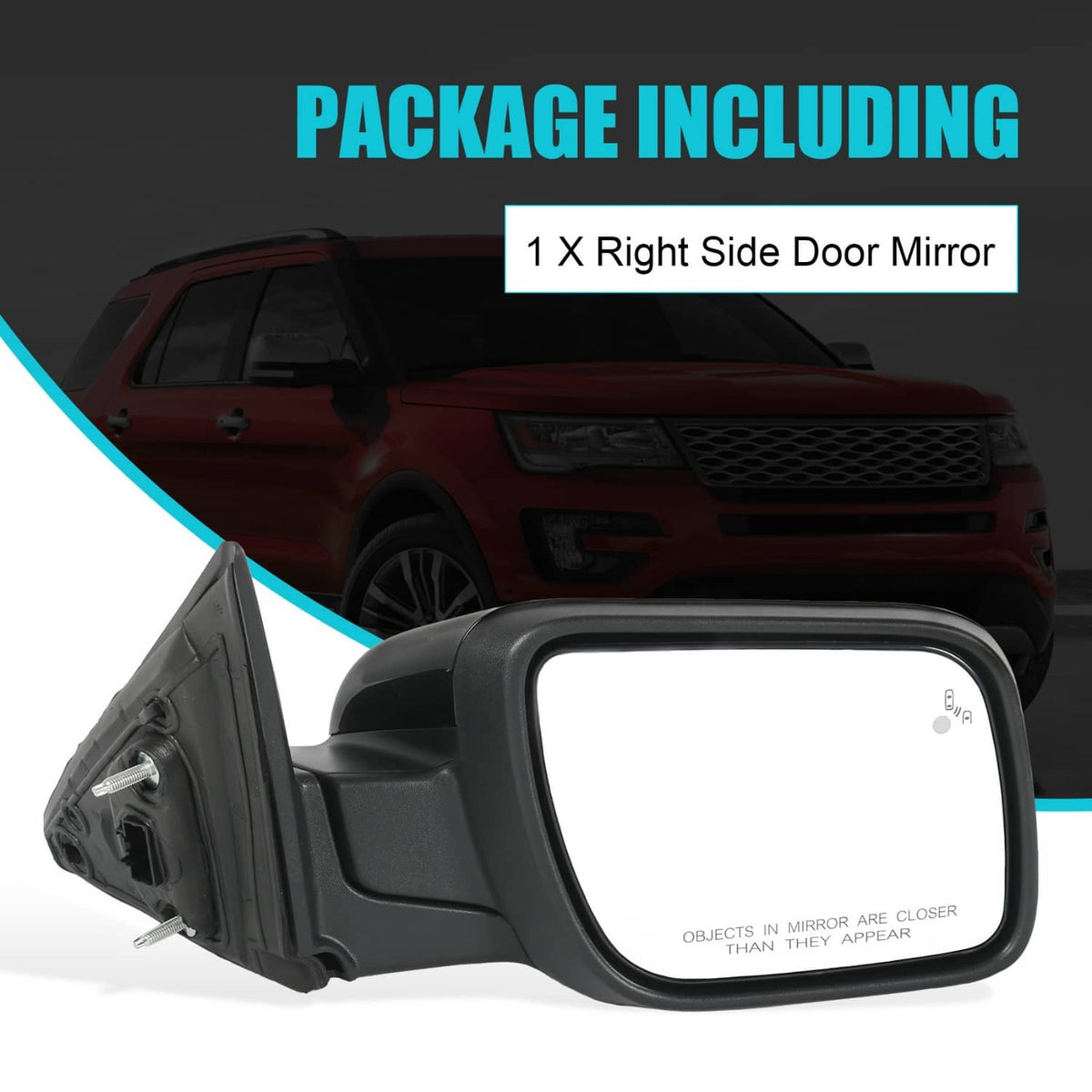 Right side door mirror replacement with black housing and clear mirror glass
