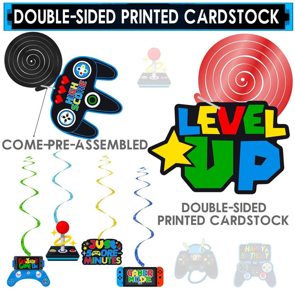 Double-sided printed cardstock video game hanging swirl set, pre-assembled swirl pieces