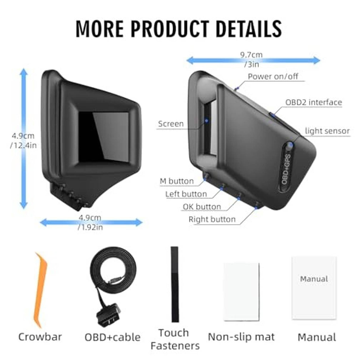 HUD display with screen and side buttons, OBD2 interface, cable and non-slip mat