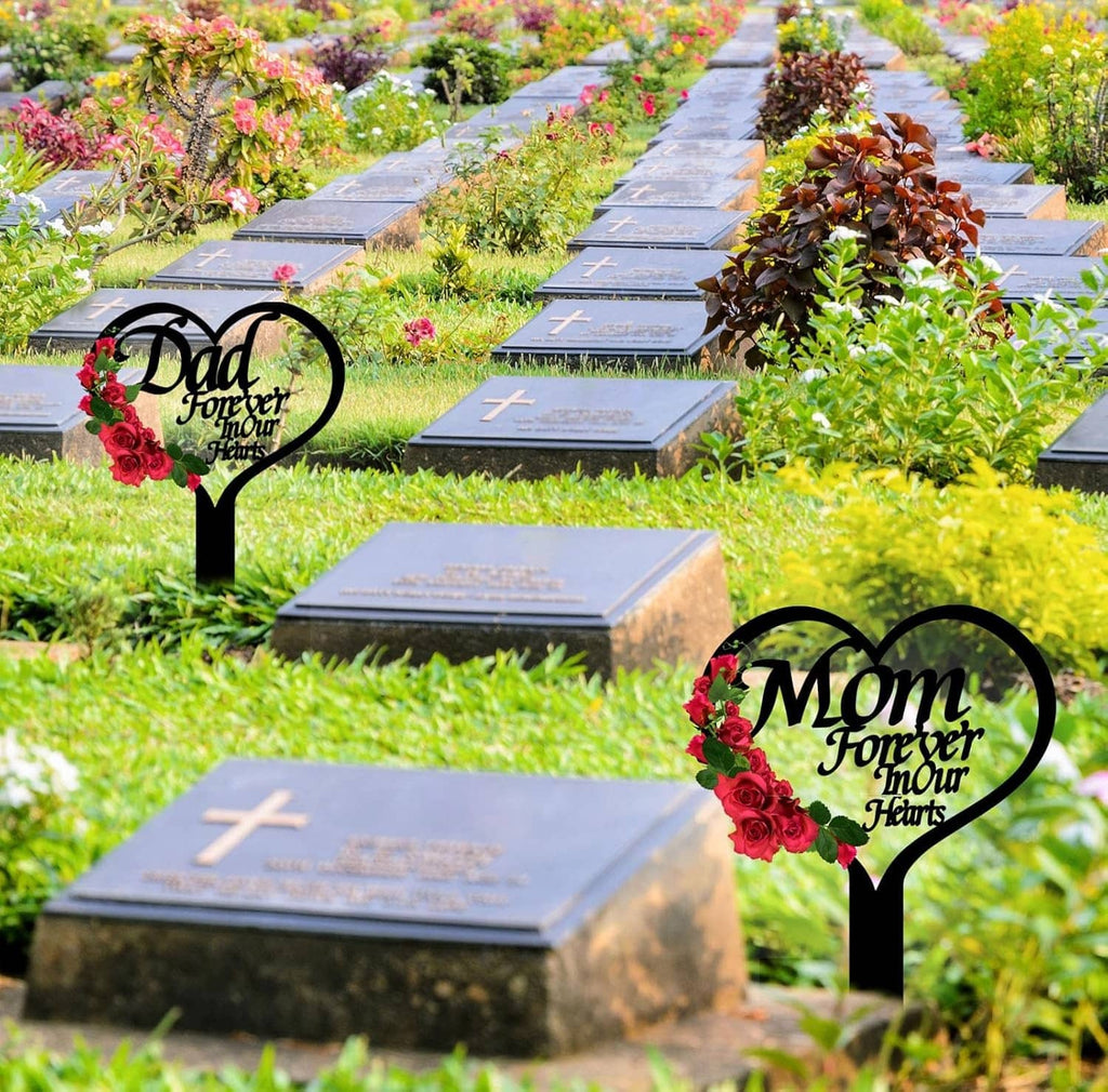 Heart grave marker stakes with Dad Forever and Mom Forever designs and roses