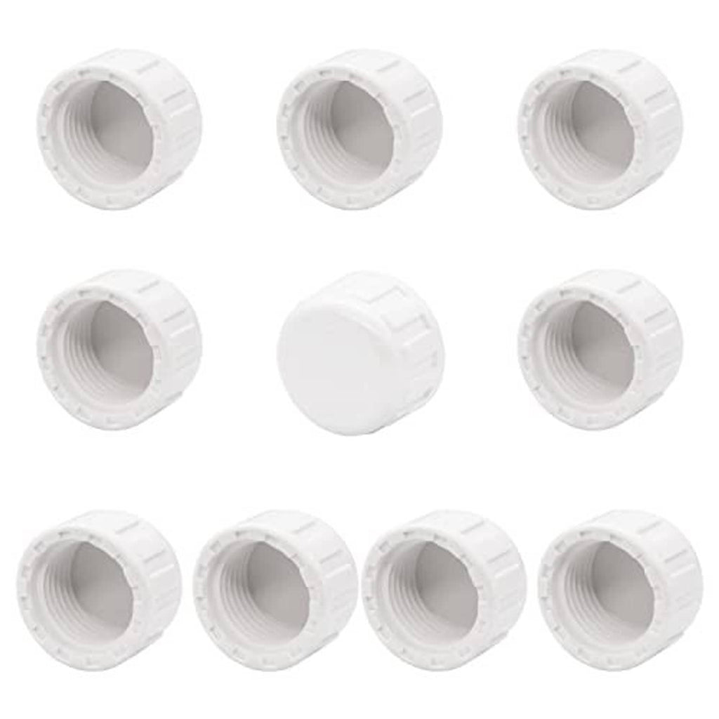 10-pack white PVC pipe plug caps with female threads, ridged outer ends