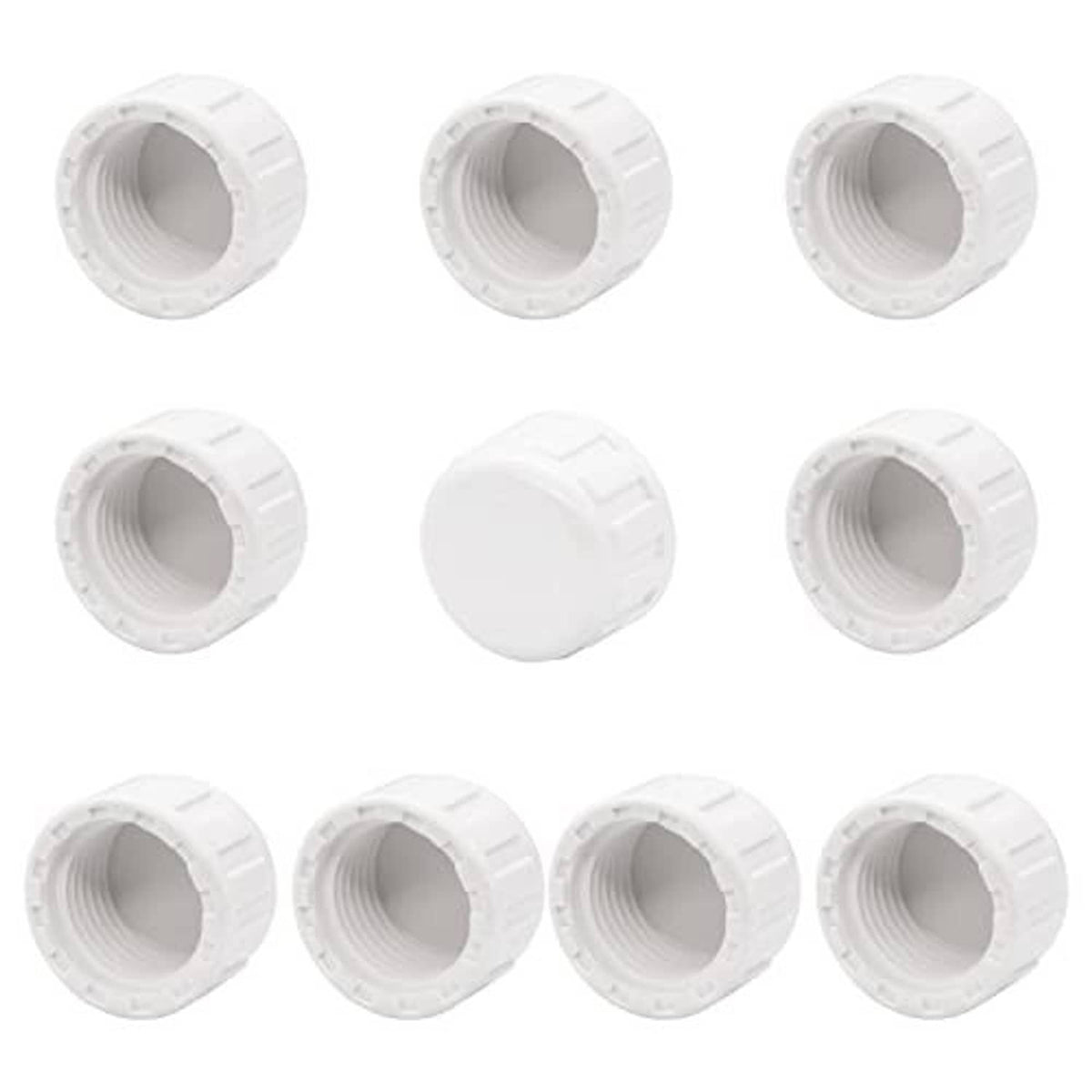 10-pack white PVC pipe plug caps with female threads, ridged outer ends