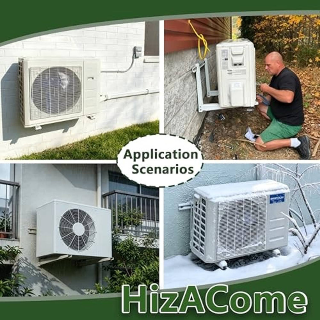 Mini split AC bracket for outdoor unit mounting, shown in multiple installation scenarios
