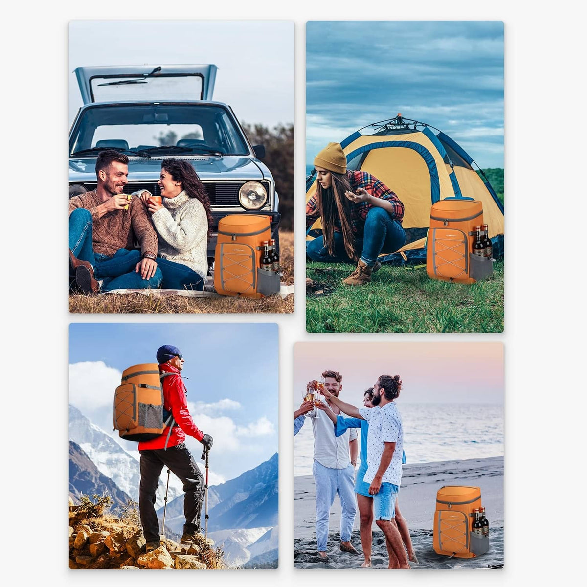 Orange cooler backpack in outdoor scenes, front and side views