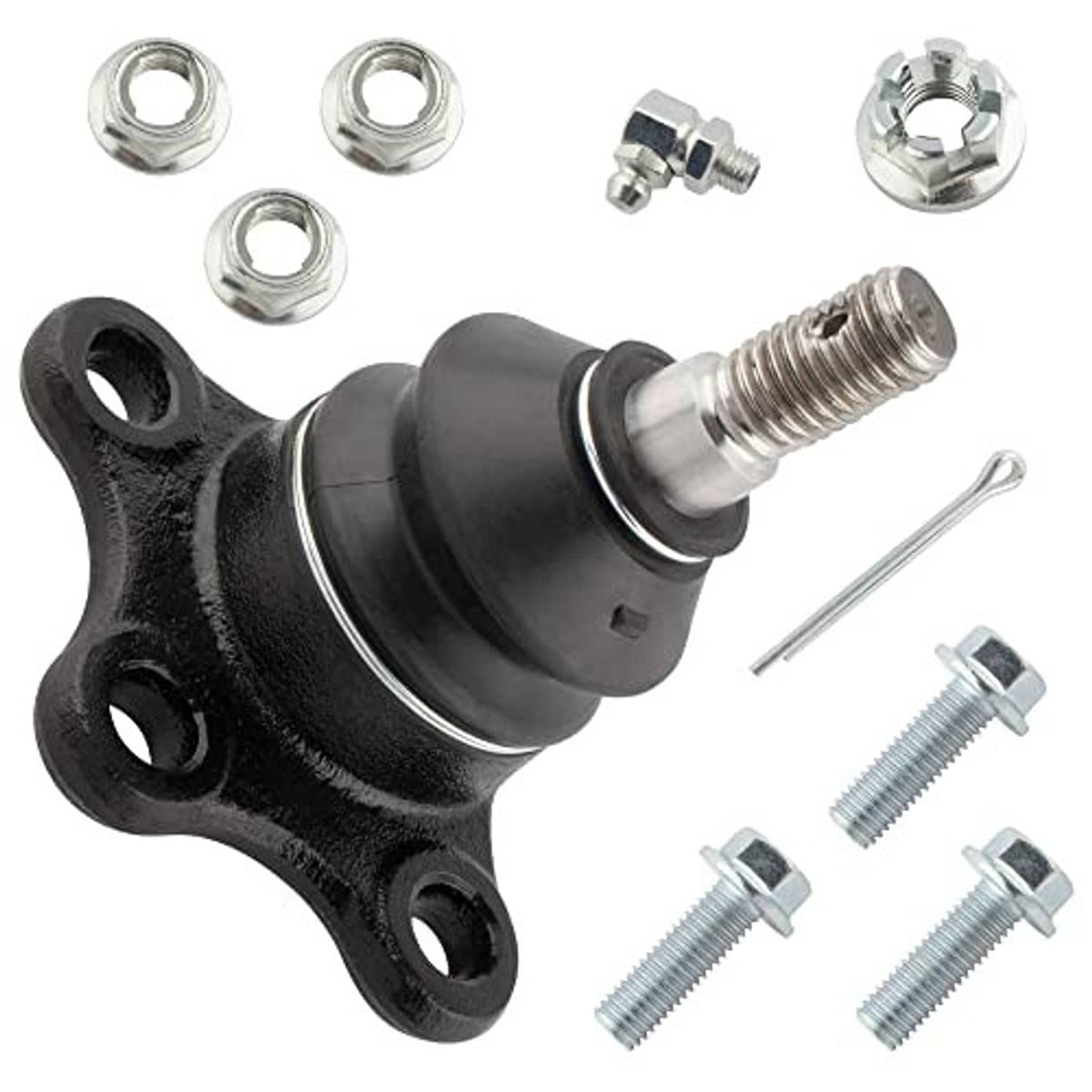 Upper ball joint and mounting parts: black boot, metal stud, flange, plus hex nuts