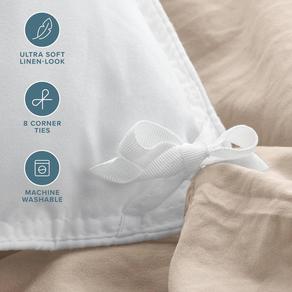 Beige duvet cover fabric with corner ties and ultra-soft linen-look detail