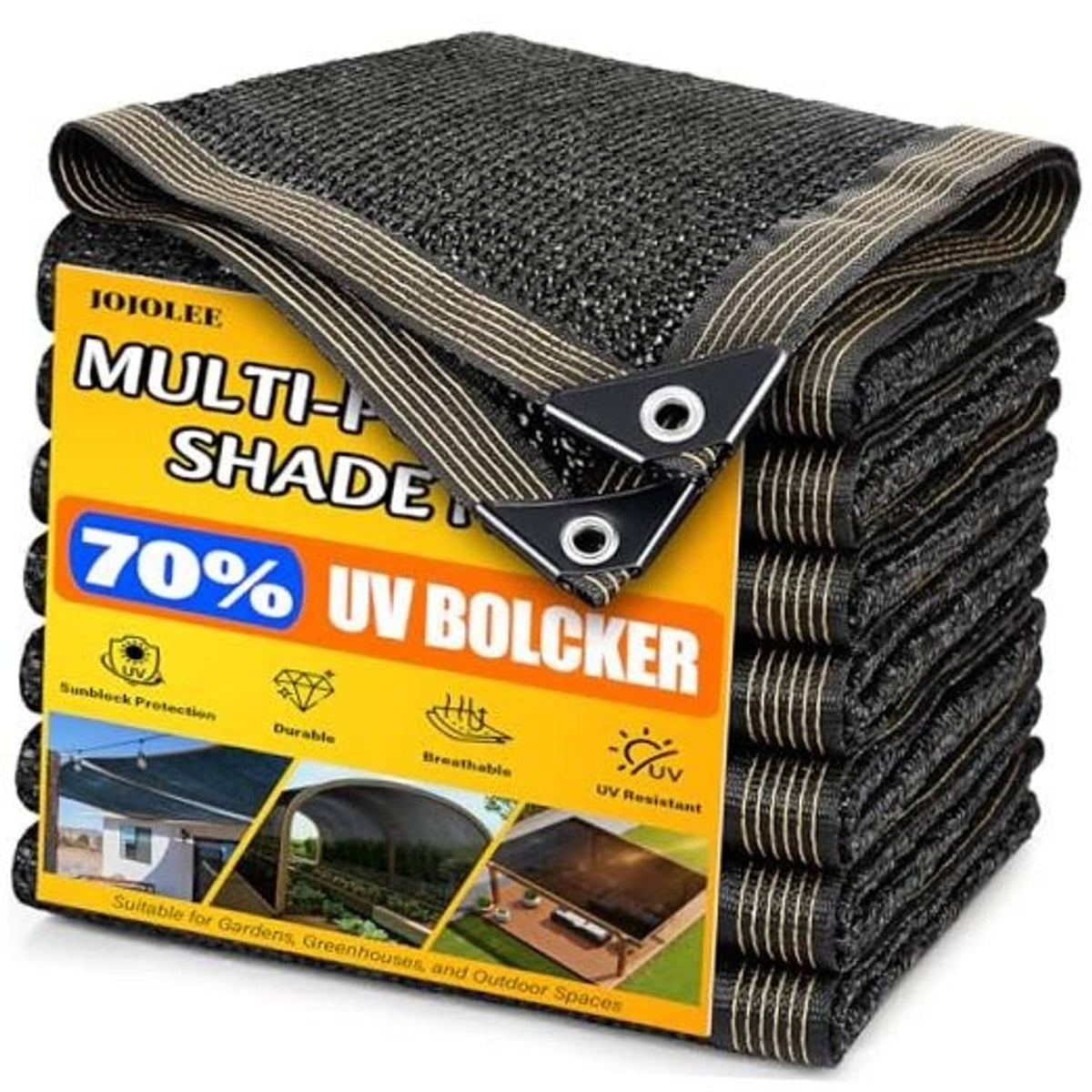 70% shade cloth sun shade net, rolled black mesh with tan stitched border and grommet holes