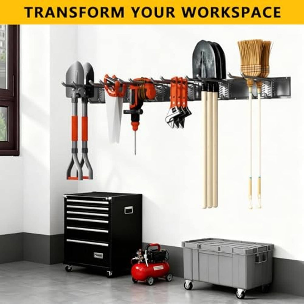 Wall-mounted tool organizer with multiple hooks holding hand tools and accessories