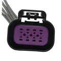 Front view of purple multi-pin electrical connector with black housing and gray wires