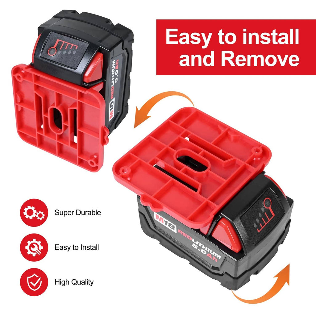 Red and black battery holder case with open compartment and install direction arrows