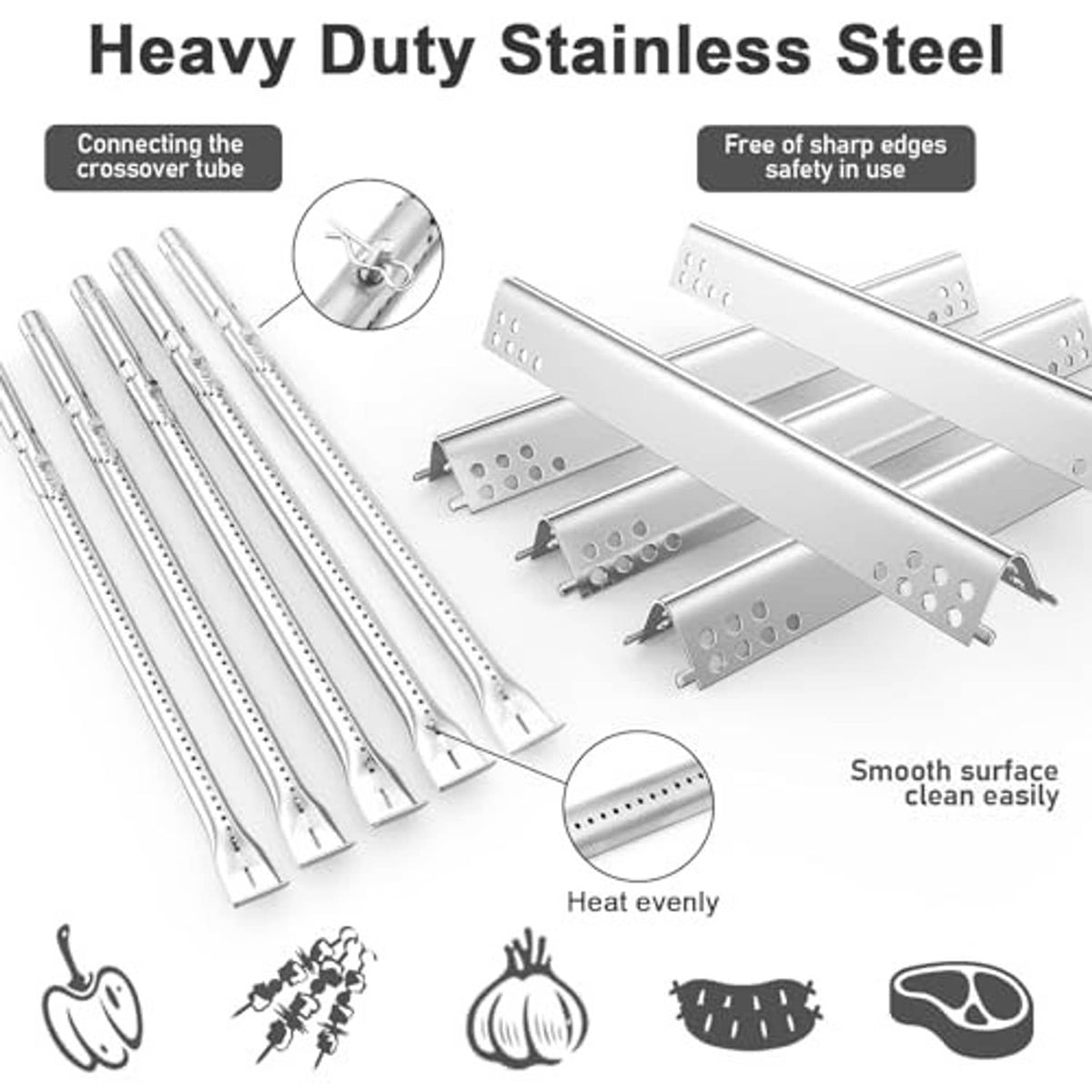 Stainless steel burner tube and heat plate replacement set with perforated surfaces