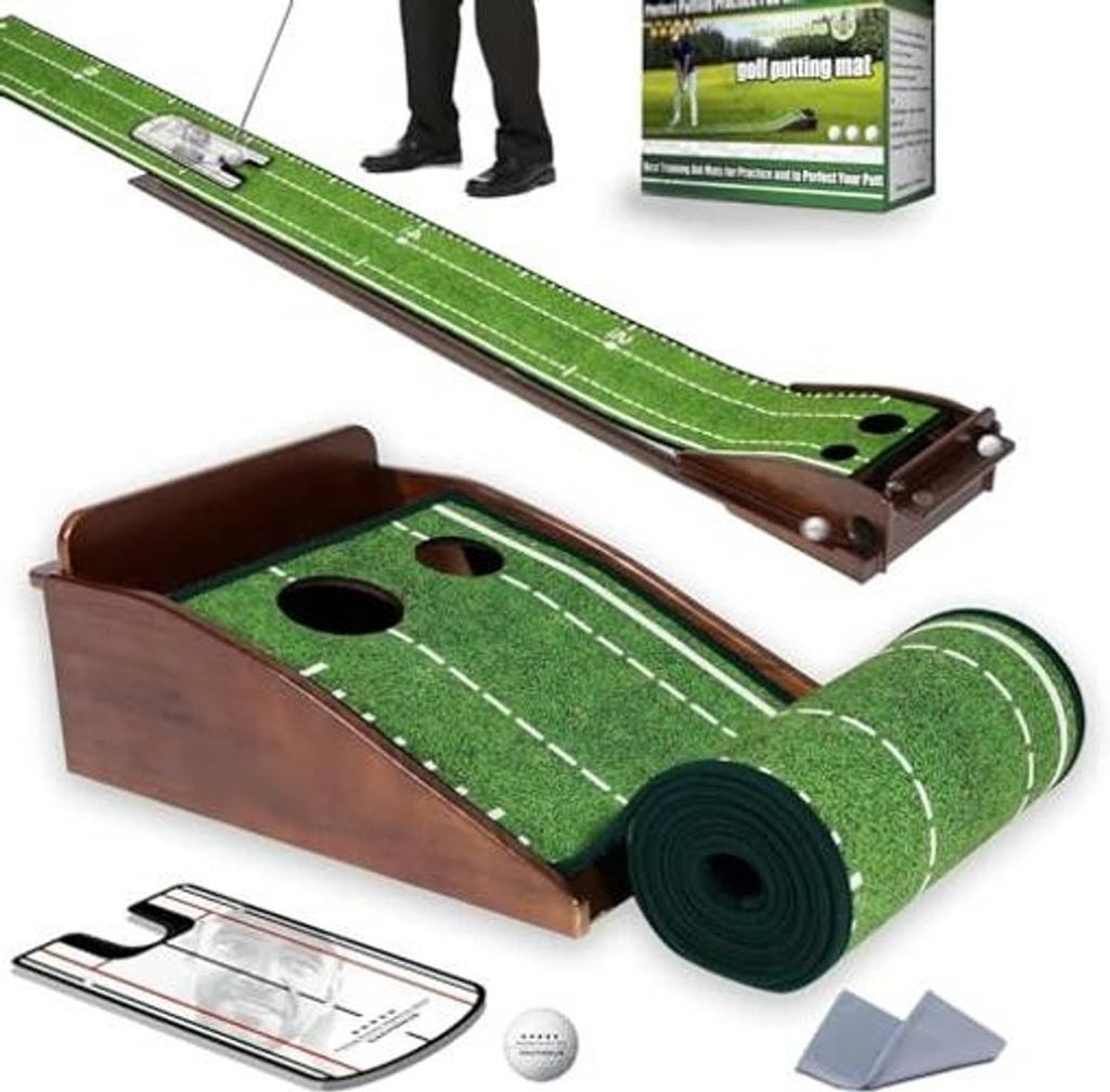 Green golf putting practice mat with ball return track, rolled rubber base, and wooden frame