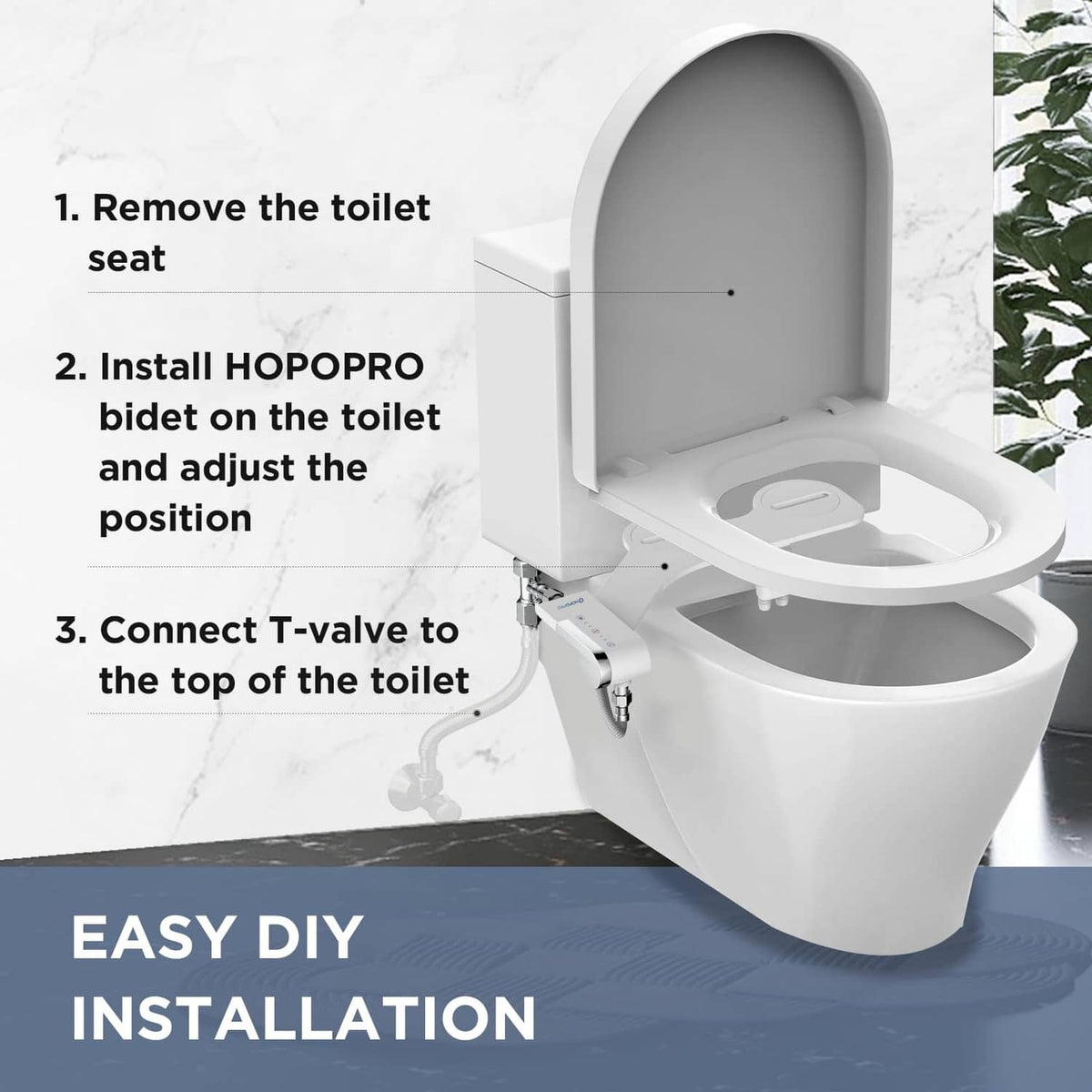 White non-electric bidet attachment shown during installation with connected hose