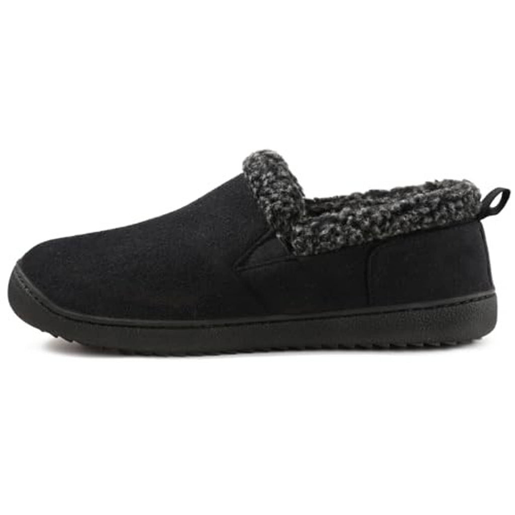 Men's black suede bootie slippers with gray fuzzy inner cuff and side seam detail