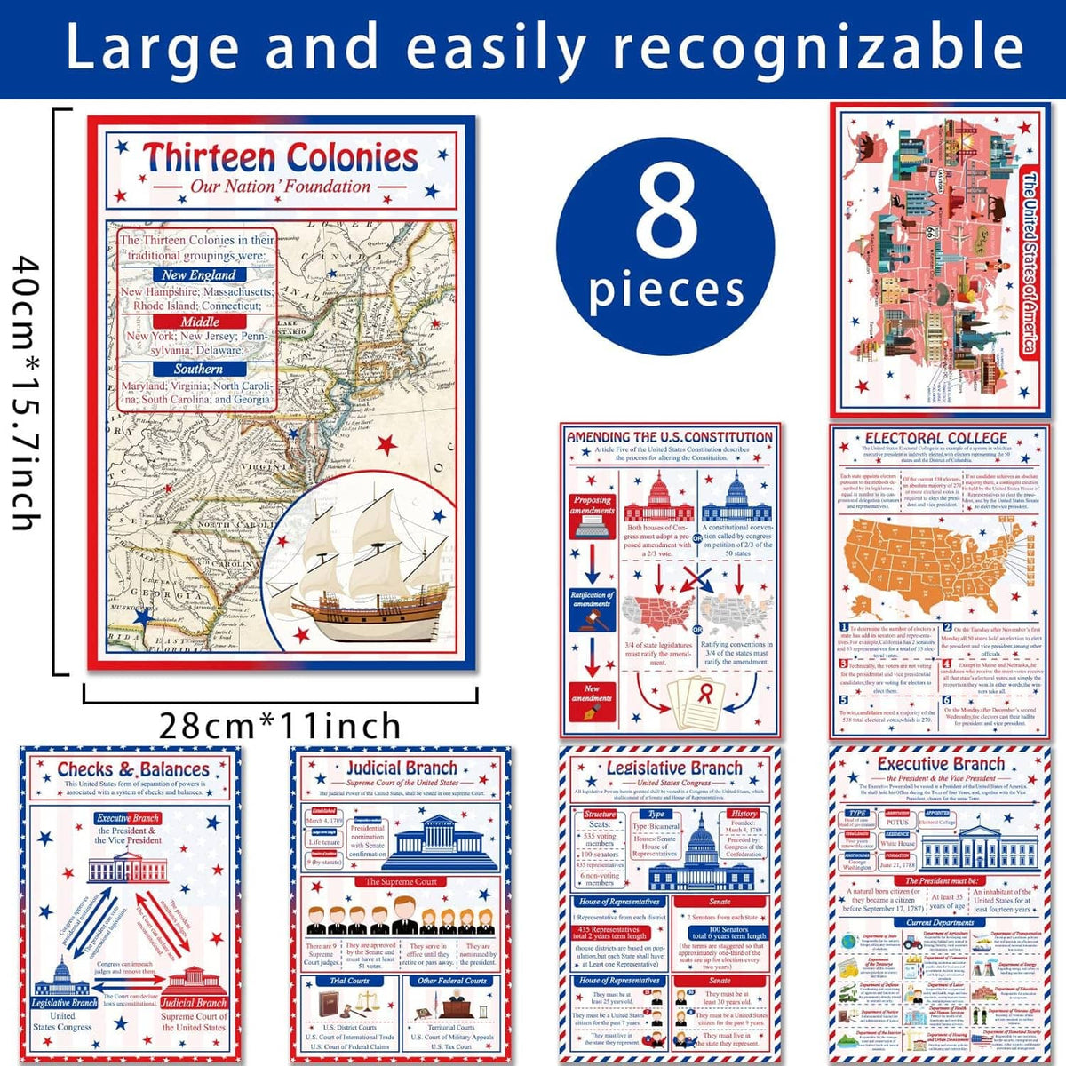 Set of 8 U.S. civics and history posters with maps, elections, and colonial themes